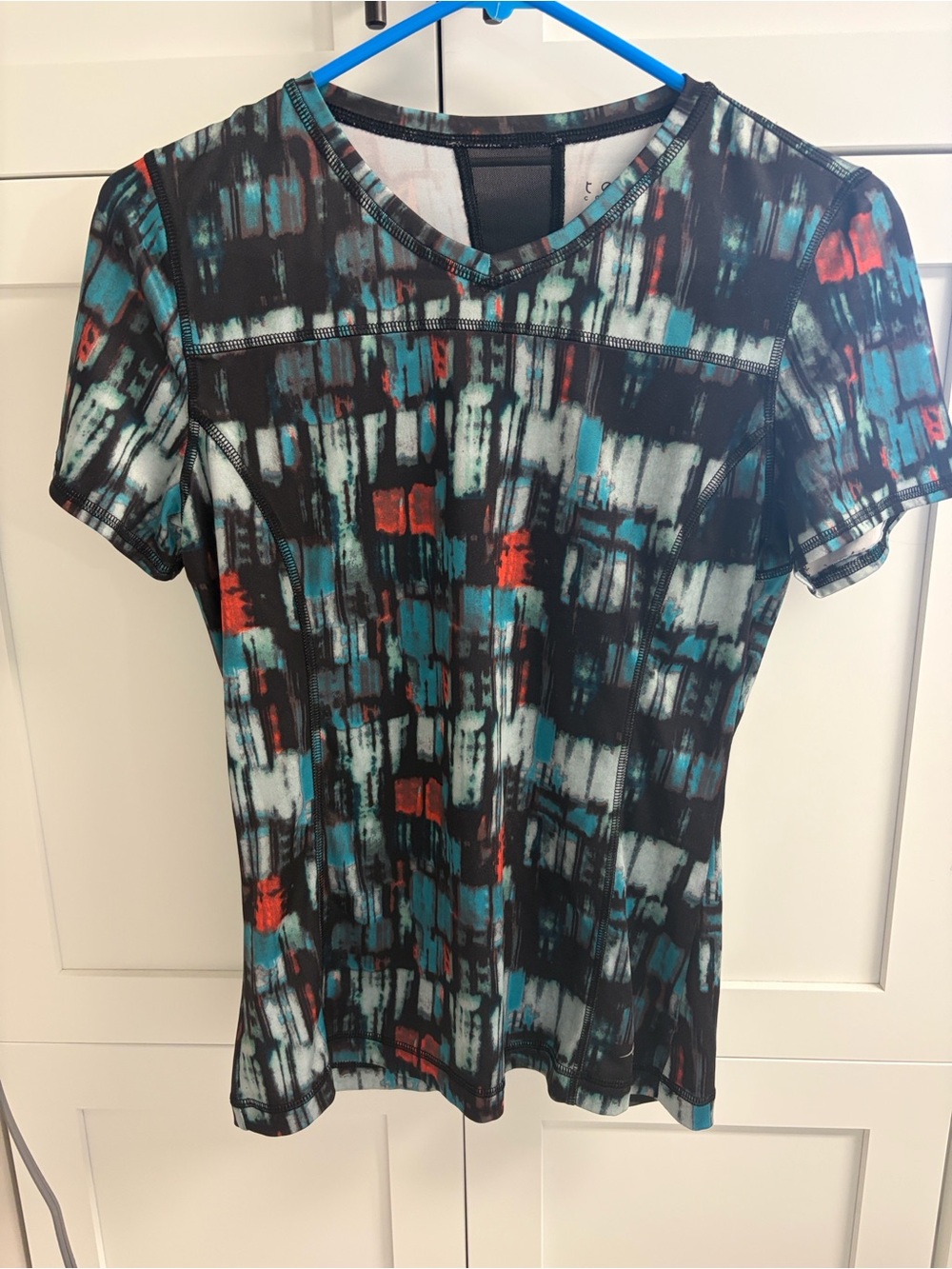 Black Abstract Short Sleeve Tee with Teal & Red Brushprint